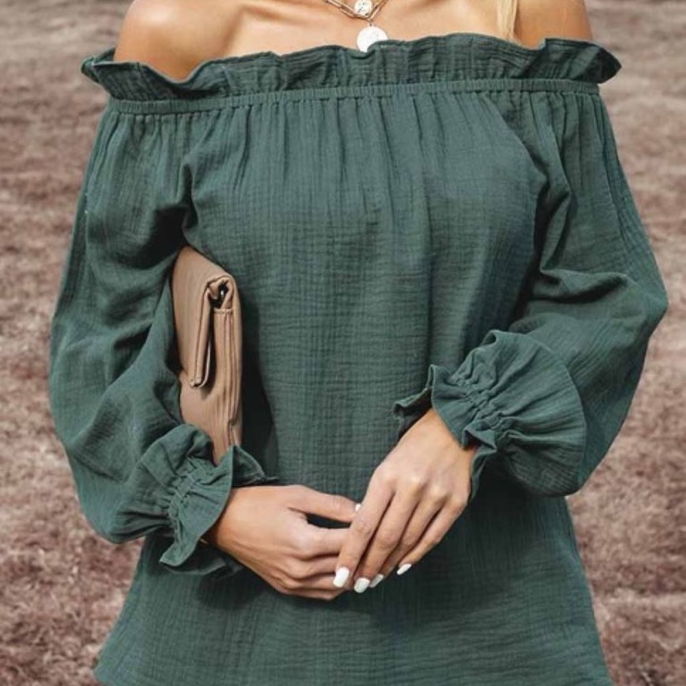 Ruffled Trim Off The Shoulder Blouse - Size L